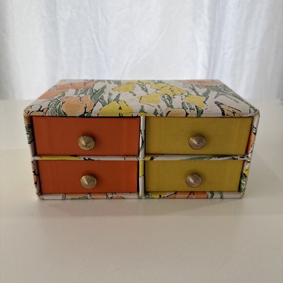 Vintage 1960s Jewelry Box 4-Drawer Orange Yellow Floral MCM Tulip Design 8x5 in - Picture 2 of 12
